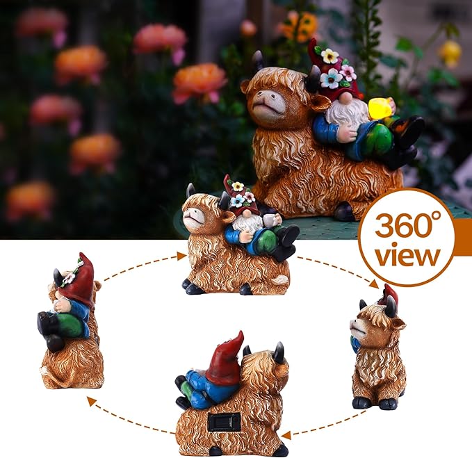 Garden Gnomes Decor Outdoor Statues Gnome on Highland Cow Hold Solar Cup Light Outdoor Decorations for Patio,Yard and Gift for Mom-VerdiqueGarden
