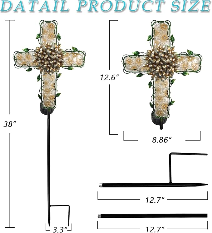 38inch Solar Cross Garden Lights Outdoor Decorative - Solar Metal&Glass Cross Apricot Hydrangea Flower Stake Lights- Waterproof 20 White LED for Remembrance Gifts & Sympathy Gifts-VerdiqueGarden