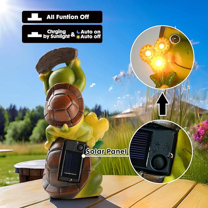 Garden Turtle Outdoor Statues, Solar Garden Statue Two Sweet Frog Face Turtles Decor with 3 LED Lights, Unique Art Resin Gifts for Patio Lawn Porch Yard-VerdiqueGarden