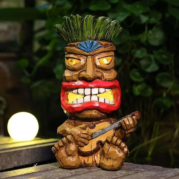 Solar Tiki Statue Outdoor Decor-Garden Guitar Tiki Statues-Tiki Bar Decorations for Outdoor Patio Yard Lawn Balcony Bar Party,Waterproof Garden Sculpture 10.35 Inch Tall-VerdiqueGarden