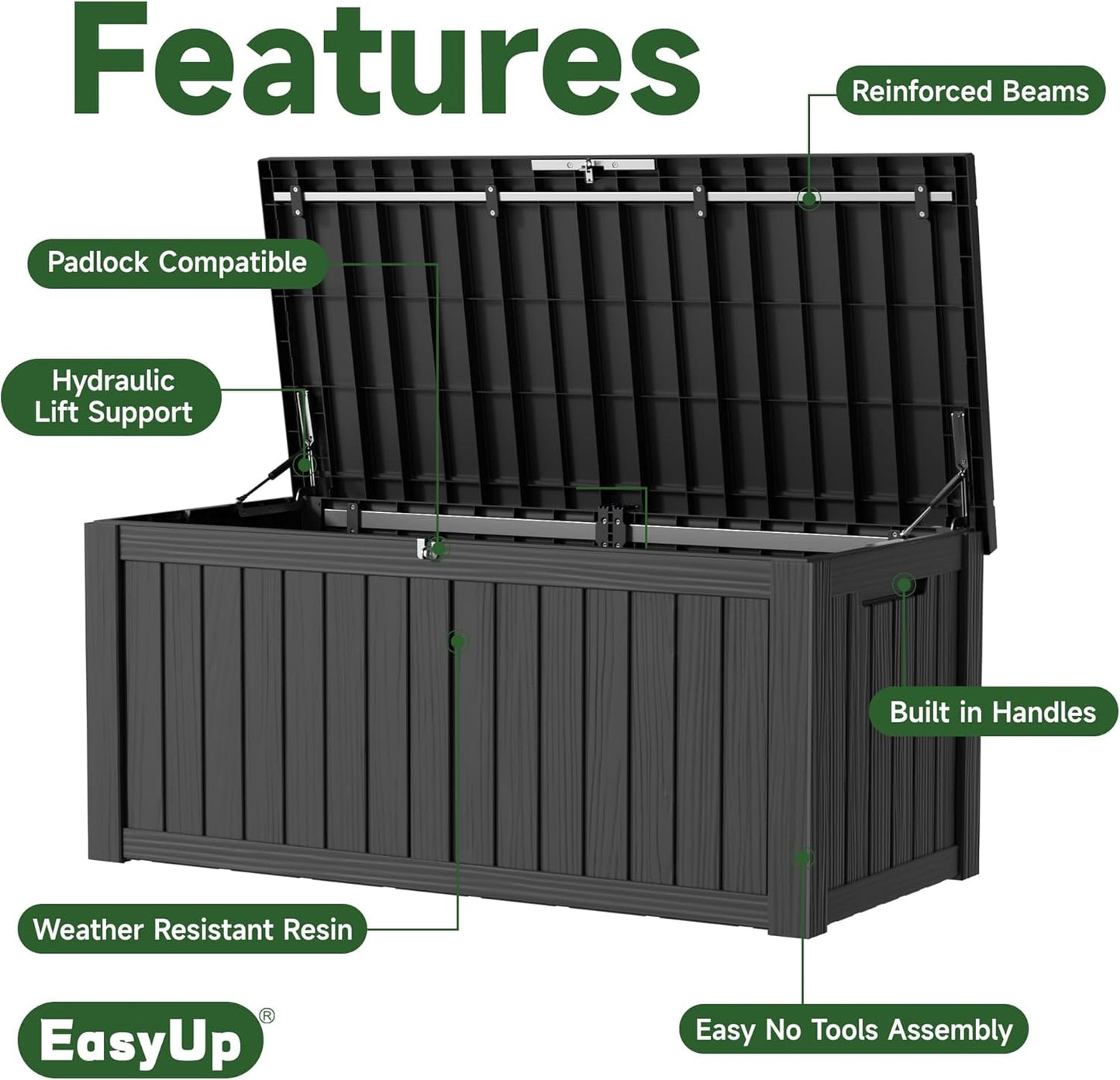 120 Gallon Outdoor Storage Box Waterproof, UV Resistant Resin Deck Box with Hydraulic Rod, Reinforced Stability for Patio, Garden, and Pool, Striped Black-VerdiqueGarden