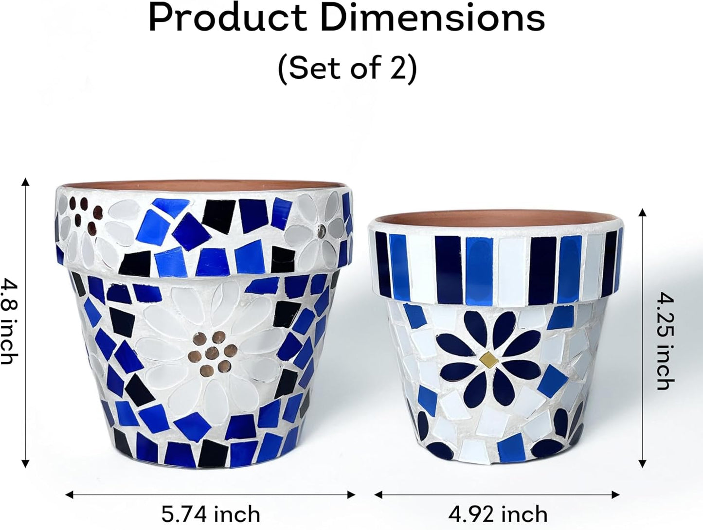 Lily's Home Set of 2 Flowerpots with Mosaic Pattern. Decorative Plant Pots with Drainage Holes for Indoor Outdoor, Perfect for Snake Plants, Succulents,Terracotta. Pots are 4 9⁄10 & 4 ¼ inch Height.-VerdiqueGarden