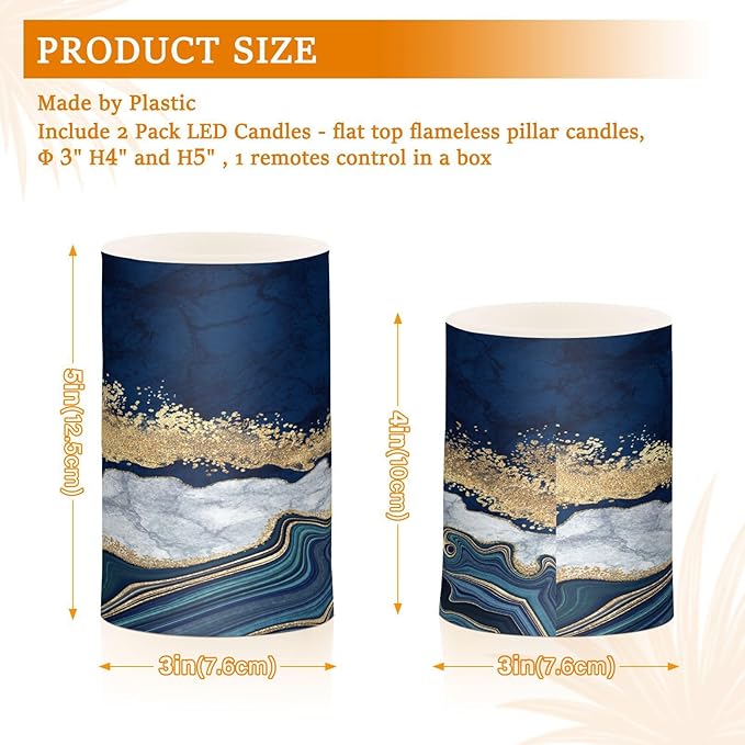Flickering Flameless Candles, Navy Blue Marble Golden Veins LED Candles with Remote Timer, Set of 2 Battery Operated Candle for Valentine Wedding Birthday-VerdiqueGarden