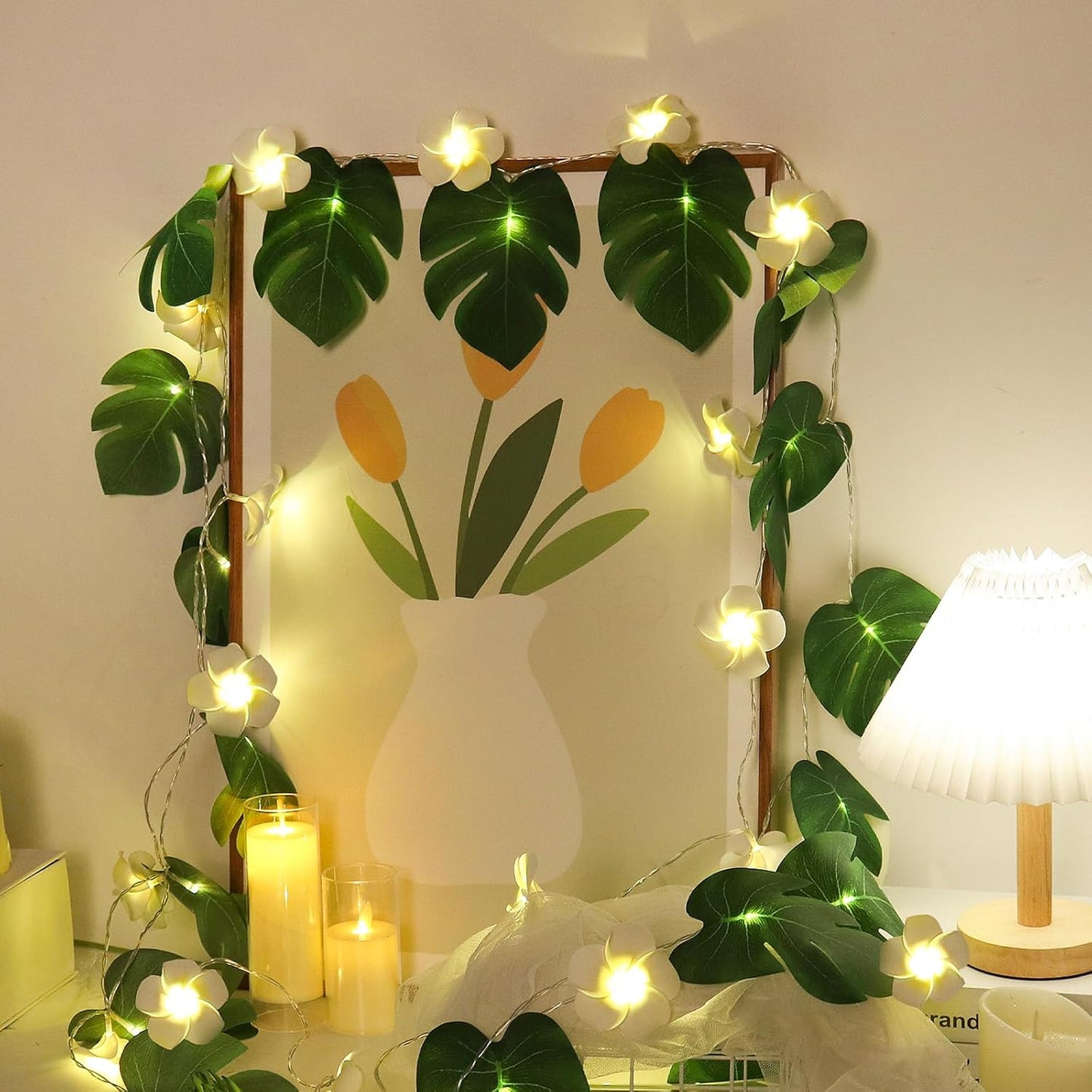 RECUTMS Monstera Leaf String Lights Artificial Foam Plumeria Tropical Palm Leaves Flower 40 LED Battery Operated Fairy Light Hawaiian Luau Beach Party Summer Decorations Outdoor Indoor(White+Green)-VerdiqueGarden