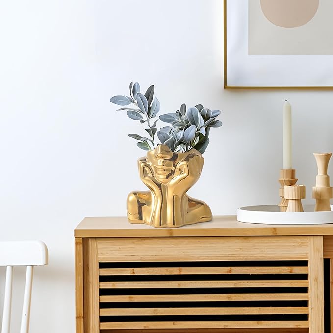 Gold Ceramic Human Face Decorative Vase - Shy Posture Modern Art Desktop Display for Bookshelf, Living Room, Office, Bedroom-VerdiqueGarden