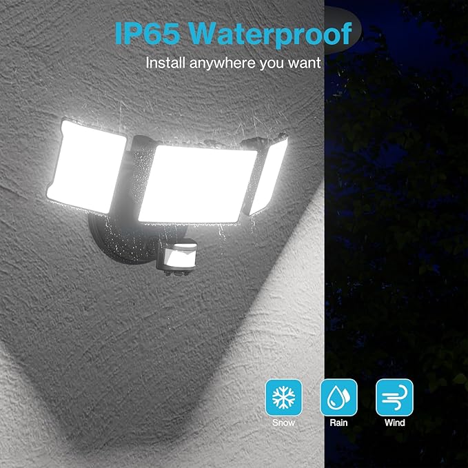 Olafus 65W Motion Sensor Outdoor Light, 2 Pack LED Security Light 6000LM, 6500K Exterior Motion Flood Light with 3 Adjustable Heads, for Outside Garage, Yard, Patio, IP65 Waterproof, Black-VerdiqueGarden