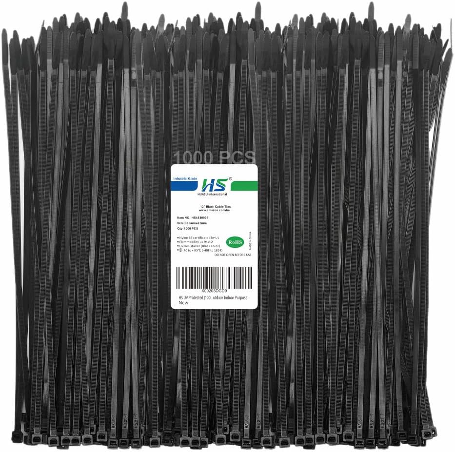 HS 12 Inch Black Zip Ties 1000 Bulk Pack,Nylon Cable Ties 50 LB Strong Wire Tie Wraps Black UV Outdoor Purpose-VerdiqueGarden