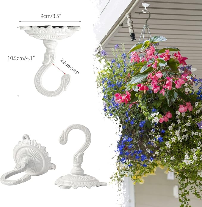Sungmor Heavy Duty Ceiling Hooks for Hanging Plants, 2PC White 3.5x3.9Inch Large Cast Iron Ceiling Hooks, Antique Decorative Ceiling Swag Hooks for Hanging Planter Chandelier Wind Chime Lantern Hanger-VerdiqueGarden