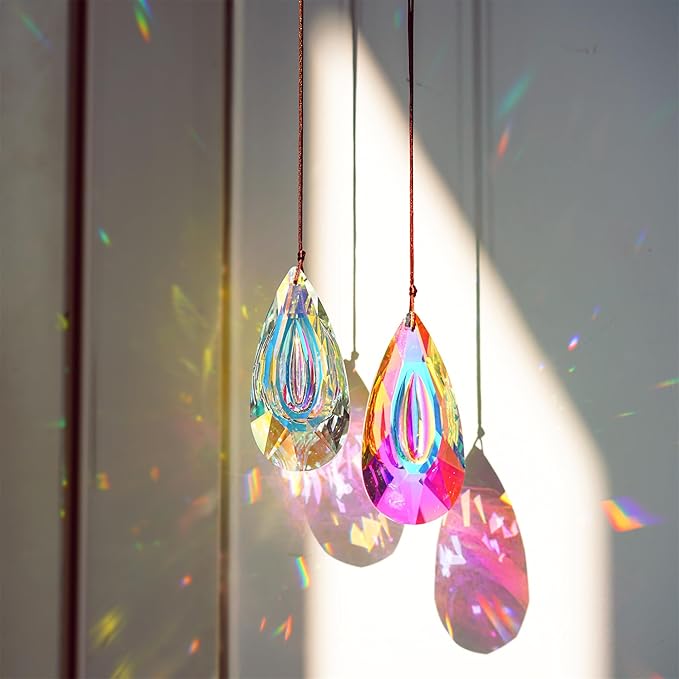 HDCRYSTALGIFTS Set 2,89mm/3.5in Crystals Prisms Suncatcher for Window Hanging Indoor Chandelier Parts Rainbow Maker for Home Garden Decor (AB Colored)-VerdiqueGarden