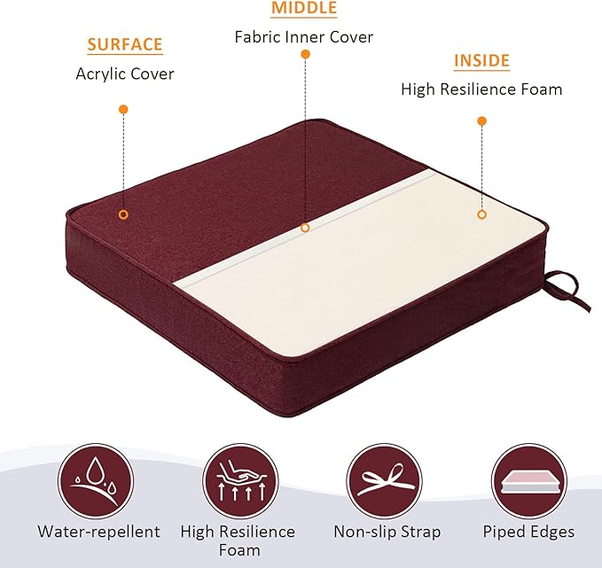 Sunbrella Square Corner Seat Cushions, 19" x 19" x 3", Set of 4, Indoor Outdoor Water Repellent Universal Chair Pads with Ties for Patio Furniture, Garden Dining Chairs, Spectrum Ruby-VerdiqueGarden