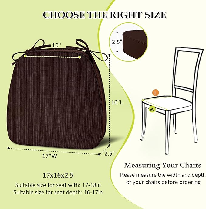 Chair Cushions for Dining Chairs, Indoor Chair Cushions with Ties，Waterproof Chair Pads Set of 6, Brown, 17x16x2.5 Inch-VerdiqueGarden