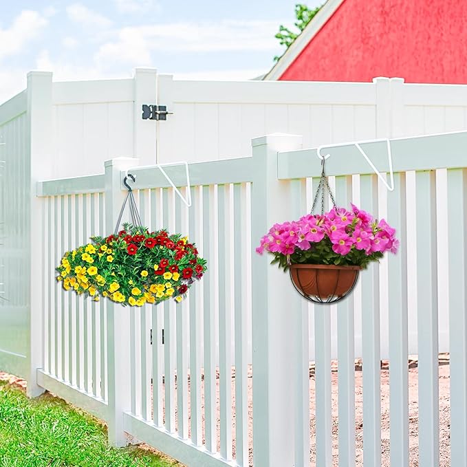 Zacool Vinyl Fence Hooks-4 Pack 5 x 10 Inches Heavy Duty White Patio Hooks Coated Steel Fence Hangers for Hanging Plants Bird Feeders,Lights,Basket,Pool Tools-VerdiqueGarden