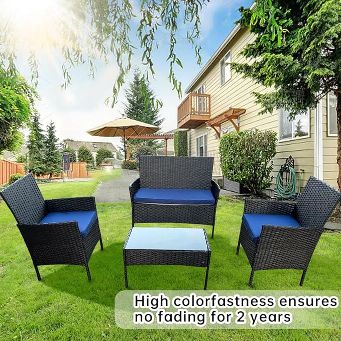 3-Pack Outdoor Patio Furniture Replacement Cushions Set–High-Elastic Sponge Cushions Fit 4-Piece Wicker Rattan Sofa, Loveseat & Chairs, 36x18x2 & 18x18x2, Waterproof, Fade-Resistant (Navy blue)-VerdiqueGarden