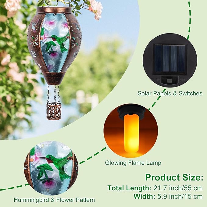 Hummingbird Hot Air Balloon Solar Lantern, Metal & Glass Flickering Flame Light Solar Lantern, Hanging Waterproof Solar Lanterns Outdoor for Garden Patio Tree Decoration-VerdiqueGarden