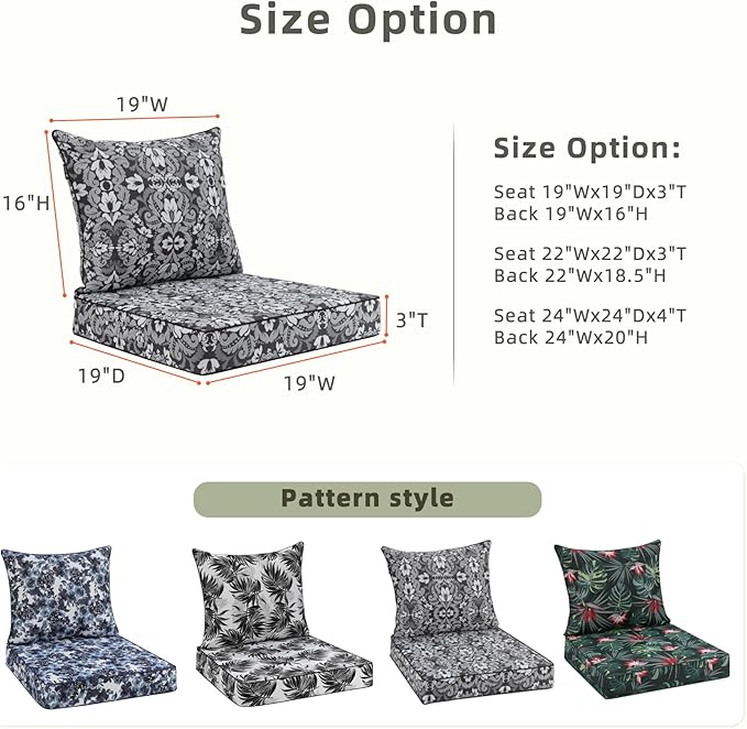 Favoyard Outdoor Seat Cushion 19 x 19 x 3 in Waterproof Pattern Fade Resistant Cover Removable Patio Furniture Cushions Deep Seat & Back Cushion Set with Adjustable Straps for Patio Chair Sofa Couch-VerdiqueGarden