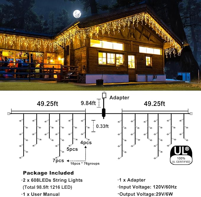 Icicle Christmas Lights, 98FT 1216 LED Icicle Lights for Outside with 228 Drops, 8 Modes Waterproof Twinkle String Lights for House Bedroom Wedding Holiday Decorations, Warm White-VerdiqueGarden