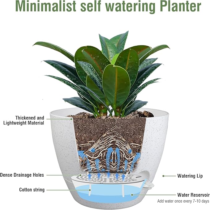12 inch Large Self Watering Pots for Indoor Outdoor Plants, Plant Pots with Mesh Drainage Holes for Garden House Plants, Plastic Planters with Reservoir for Flower, Speckled White-VerdiqueGarden