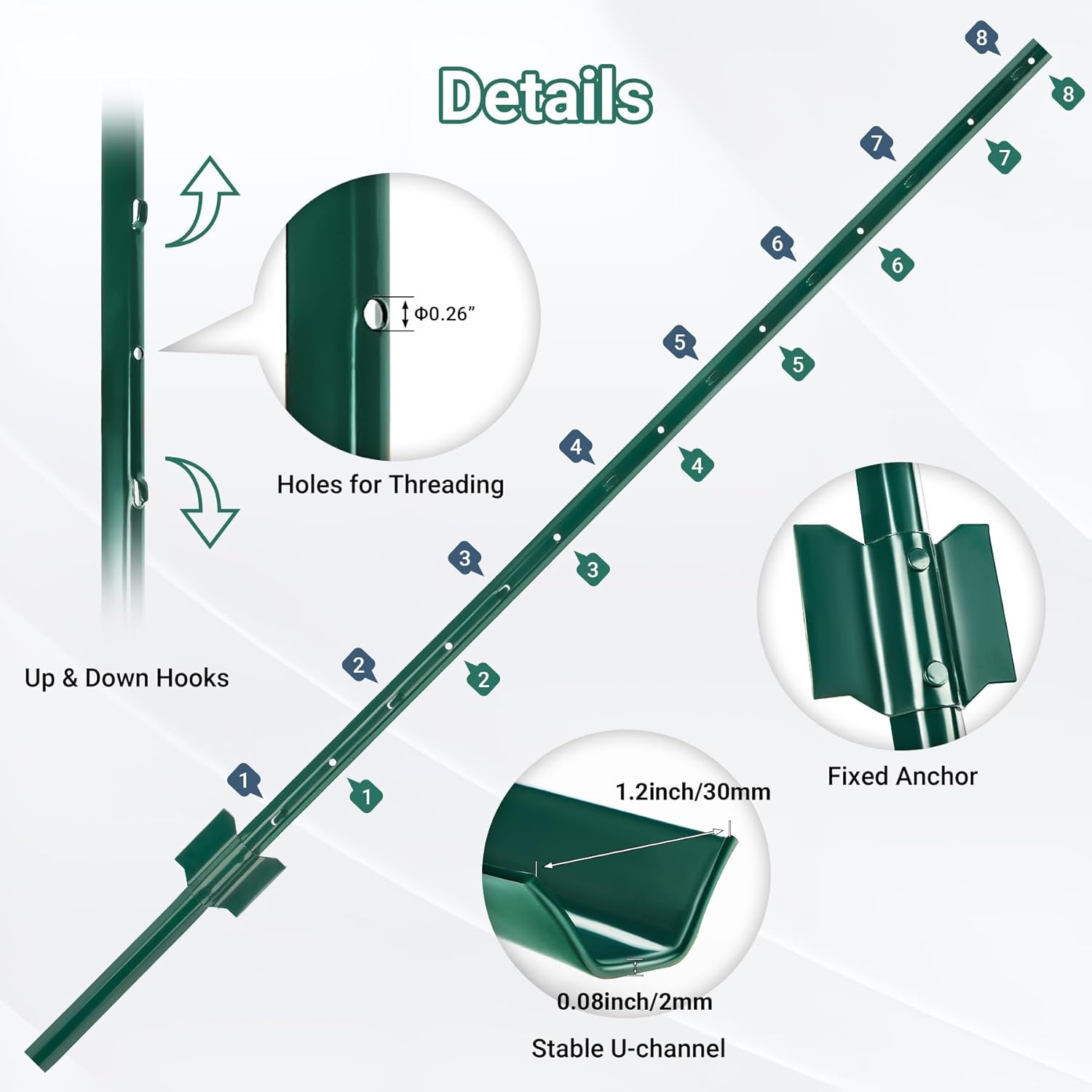 Fence Posts 4.8 Ft - 8 Pack, Heavy Duty Metal Fence Post, No Dig U Post for Farm, Garden, Orchard and Outdoor Wire Fencing (Green)-VerdiqueGarden