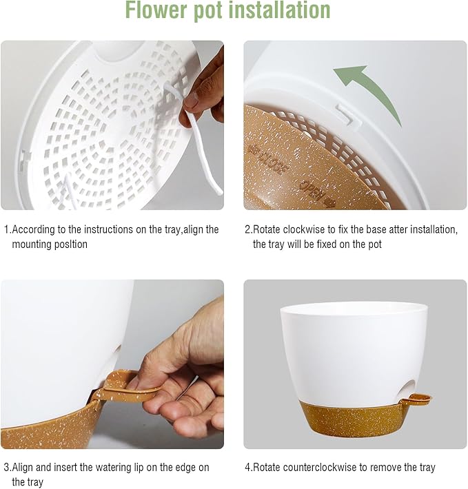 10/9/8 inch Medium Self Watering Pots, Planter, Plant Pots with Mesh Drainage Holes for Indoor Outdoor Garden Plants, Plastic Flower Pots with Removable Deep Reservoir, White with Brown-VerdiqueGarden