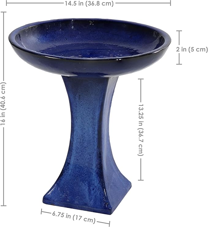 Sunnydaze Ceramic Bird Bath for Outside - 16" H - UV- and Frost-Resistant - Pedestal Bird Bath - Blue Glazed Bowl - Blue Glaze Finish-VerdiqueGarden