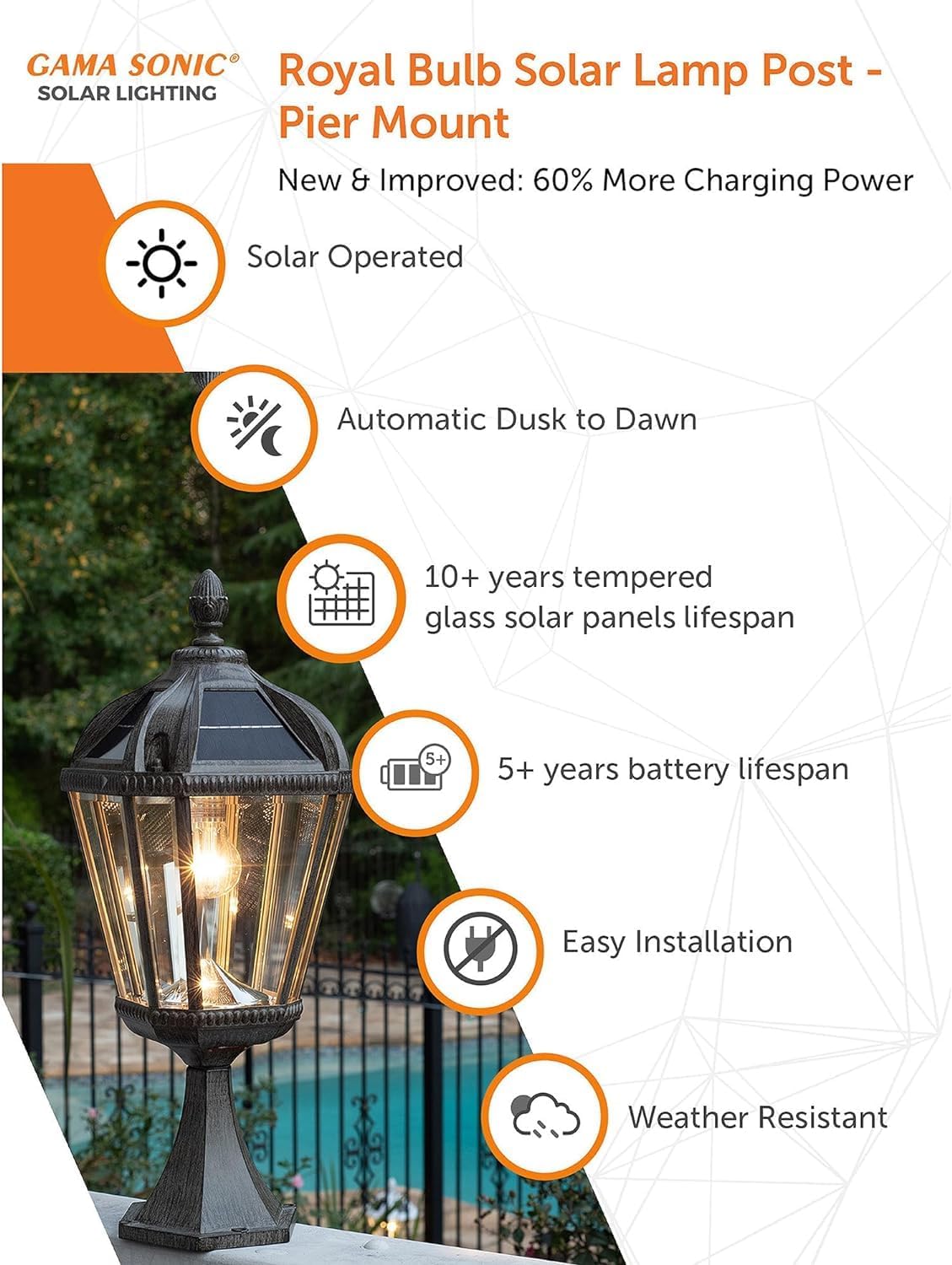 Gama Sonic Outdoor Solar Post Light with Pier Base, Weathered Bronze Finish Aluminum and Beveled Glass, Royal Bulb 150 Lumens Warm White LED, Mount on Column or Flat Surface 98B311, Upgraded Panel-VerdiqueGarden