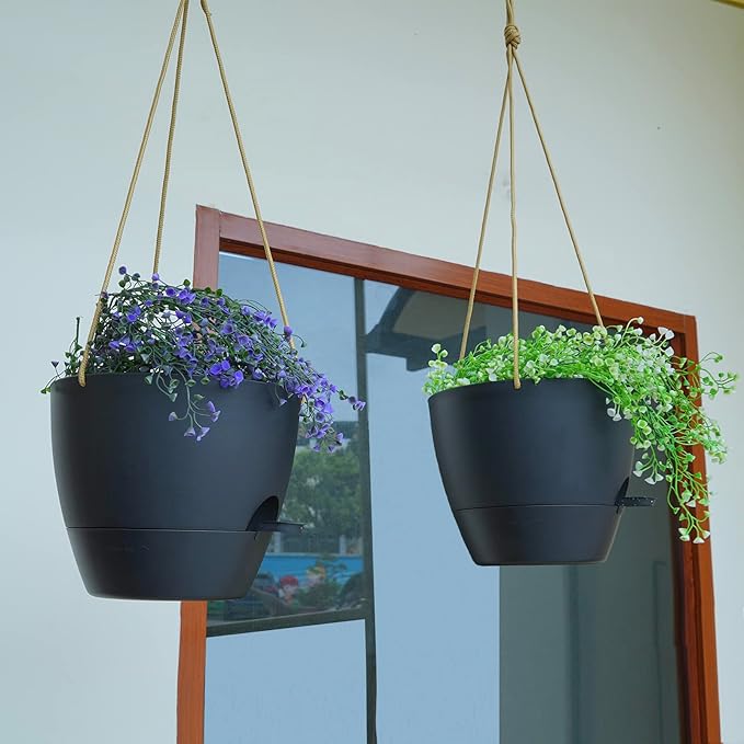 10 Inch Self Watering Hanging Pots, 2 Pack Hanging Planters with 40oZ Deep Reservior for Indoor Outdoor Plants Flowers, Black-VerdiqueGarden