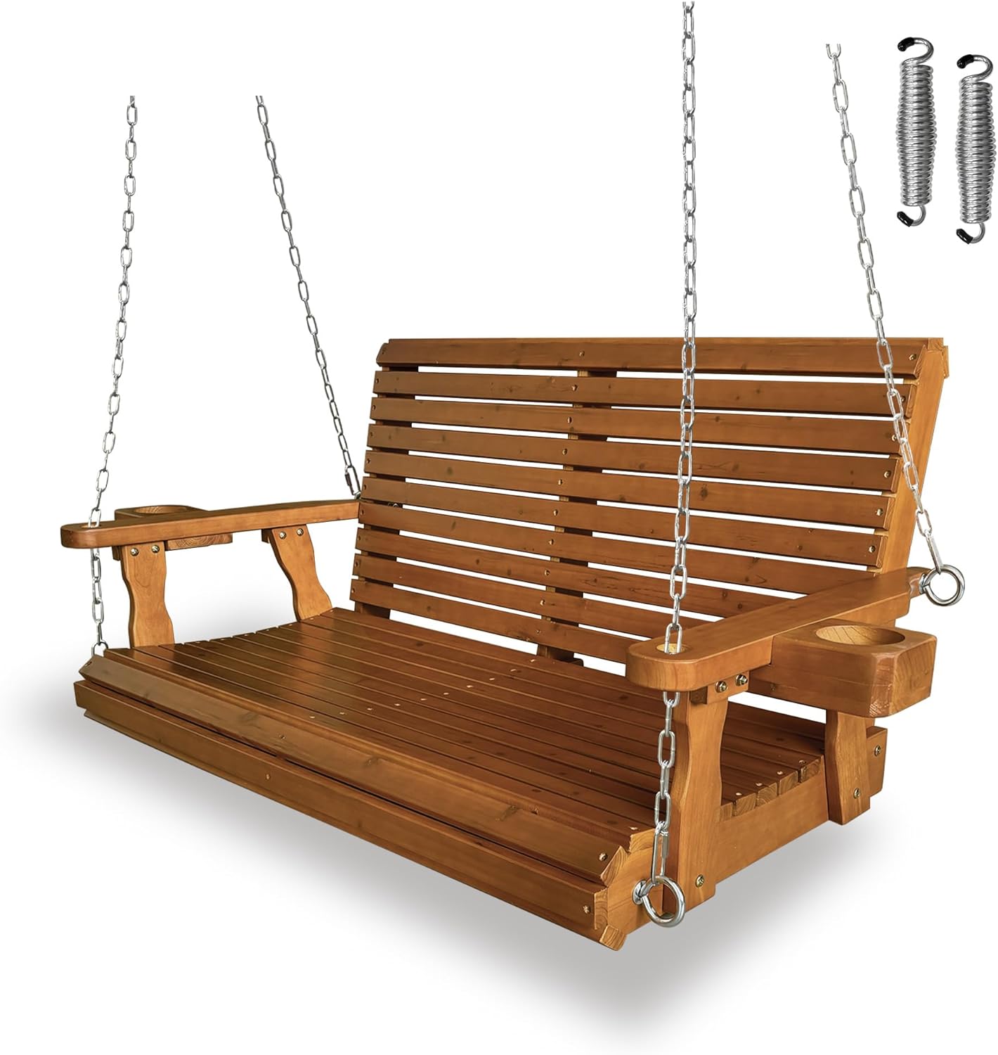 Wooden Porch Swing 2-Seater, High Backrest and Deep Seat, Bench Swing with Cupholders, Hanging Chains and 7mm Springs, Heavy Duty 880 LBS, for Outdoor Patio Garden (Cedar Tone - 4 FT Extra Large)-VerdiqueGarden