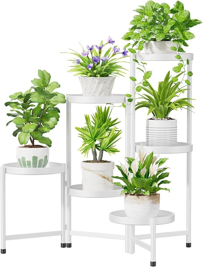 iDavosic.ly 6 Tier Large Plant Stand Indoor with 10 Inch Wide Tray, Tiered Corner Metal Outdoor Flower Display Holder Shelf, Folding Tall Rack for Patio Porch Living Room, White-VerdiqueGarden