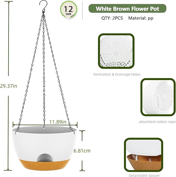 12 Inch Hanging Baskets 2 PC with Chains, Self-Watering Hanging Planters for Indoor Outdoor Plants, Plastic Hanging Flower Pots,White Brown-VerdiqueGarden
