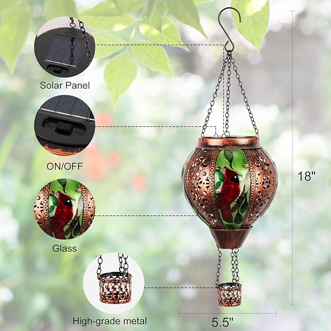 Hot Air Balloon Solar Lantern Outdoor - Flame Hanging Solar Light Waterproof Lanterns for Patio Garden Yard Farmhouse Decor, Great Gift(Cardinal 2)-VerdiqueGarden