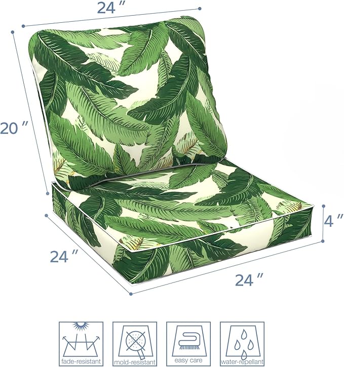 LVTXIII Outdoor Deep Seat Cushion 24"x24"x4" Patio Seat and Back Cushion Set Seasonal Chair Cushion for Dining Arm Chairs, Wicker Chairs and Garden Furniture Decoration, Swaying Palms Green-VerdiqueGarden