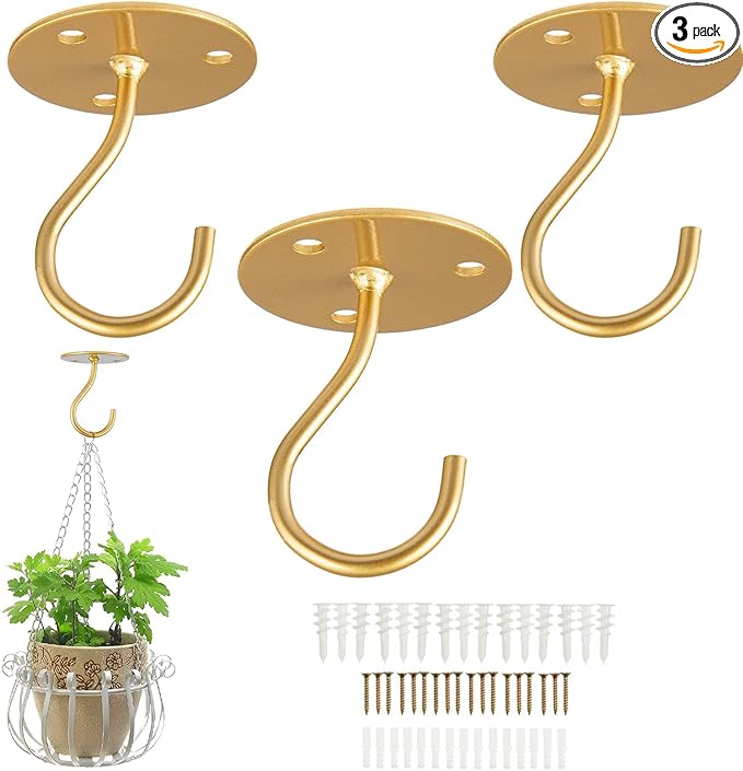 Ceiling Hooks for Hanging Plants-Metal Heavy Duty Wall Mounted Hangers for Hanging Bird Feeders, Planters, Wind Chimes, Include Professional Drywall Anchors (3-Pack) (Gold)-VerdiqueGarden