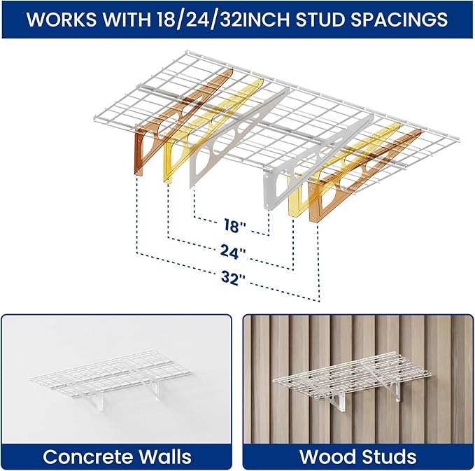 LEXIMOUNTS 2-Pack 2x4ft Garage Shelving with Hooks, 24-inch-by-48-inch Wall Shelf Garage Storage Racks Floating Shelves, White-VerdiqueGarden