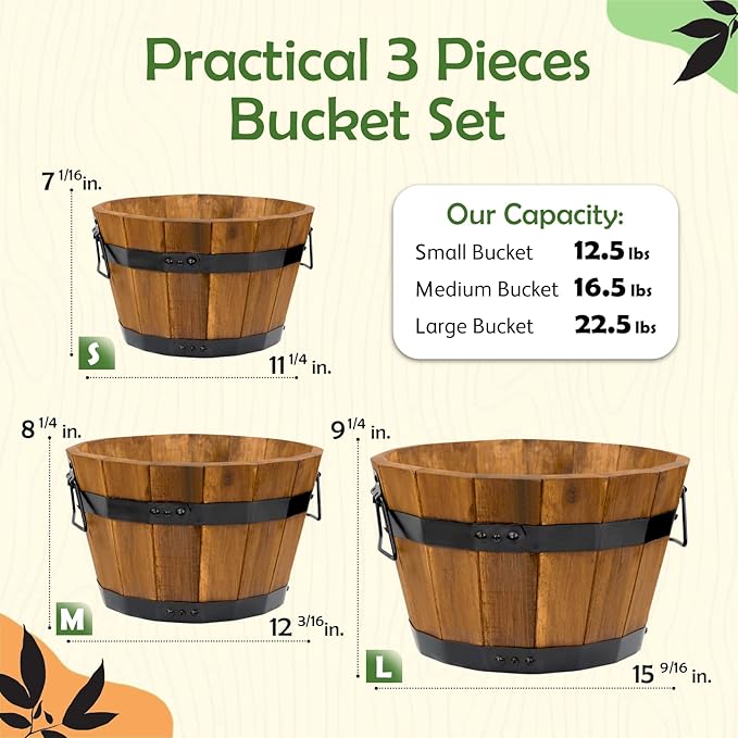 Idzo Set of 3 Wooden Flower Boxes Outdoor, Durable Acacia Wood Barrel Planters for Outdoor Plants with Ergonomic Handles, Drainage Holes, Multiple Sizes Wood Bucket Planter Light Brown-VerdiqueGarden