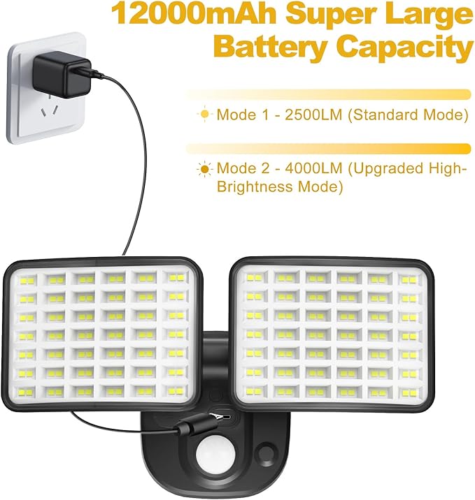 Rechargeable Battery Operated Light, 2500&4000LM Motion Sensor Security Light(1-3 Months Endurance), USB Charging LED Flood Outdoor for Garage/Yard/Entryways/Patio/Garden (2 Pack)-VerdiqueGarden