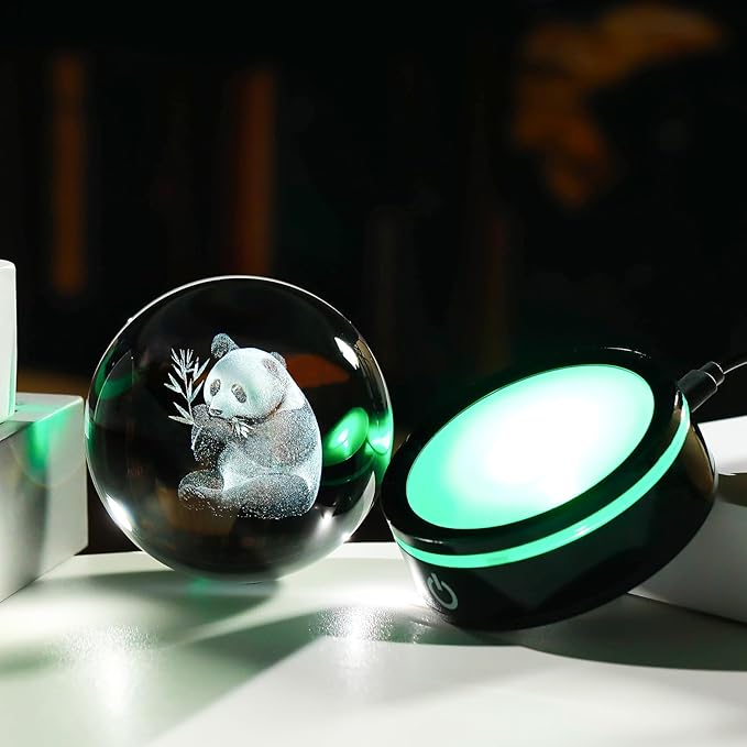 YWHL 3D Panda Figurine Crystal Ball with Colorful Light Base, Panda Gifts for Women Men on Christmas Birthday, 3D Laser Engraved Full Sphere Glass Decorative Ball for Home Office (80mm)-VerdiqueGarden