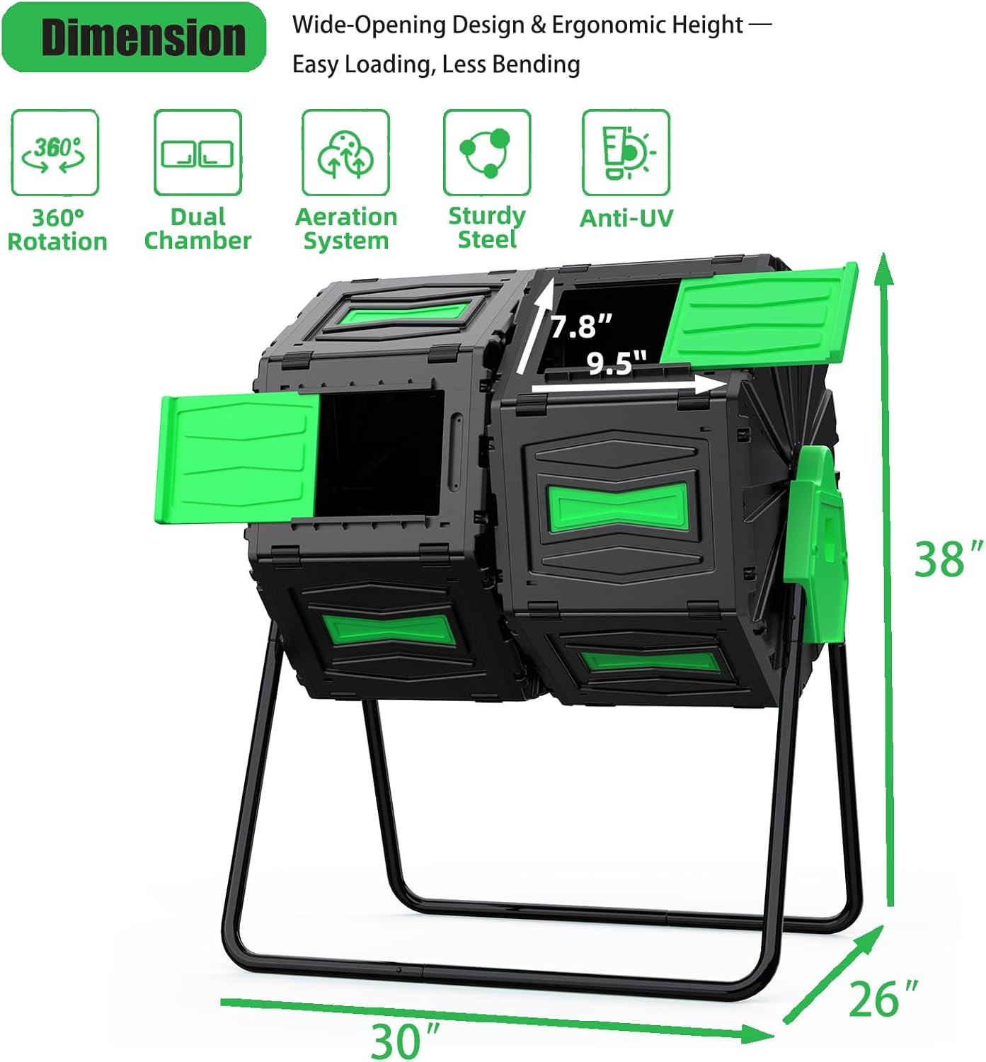 Compost Bin Outdoor, 45Gallon Dual Chamber Composter Large Composting Bin, 360° Rotating Compost Bin, BPA-Free Fast-Working Tumbling Compost Barrel, Kitchen Garden Composter Tumbler (Green)-VerdiqueGarden