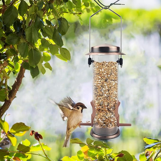 MIXXIDEA Wild Bird Feeders for Outdoors Hanging 2 Pack Stainless Steel Tube Bird Feeder, Water Resistant Finch Bird Feeder for Garden Backyard Decoration Attractive Metal Thistle Feeder (Copper)-VerdiqueGarden