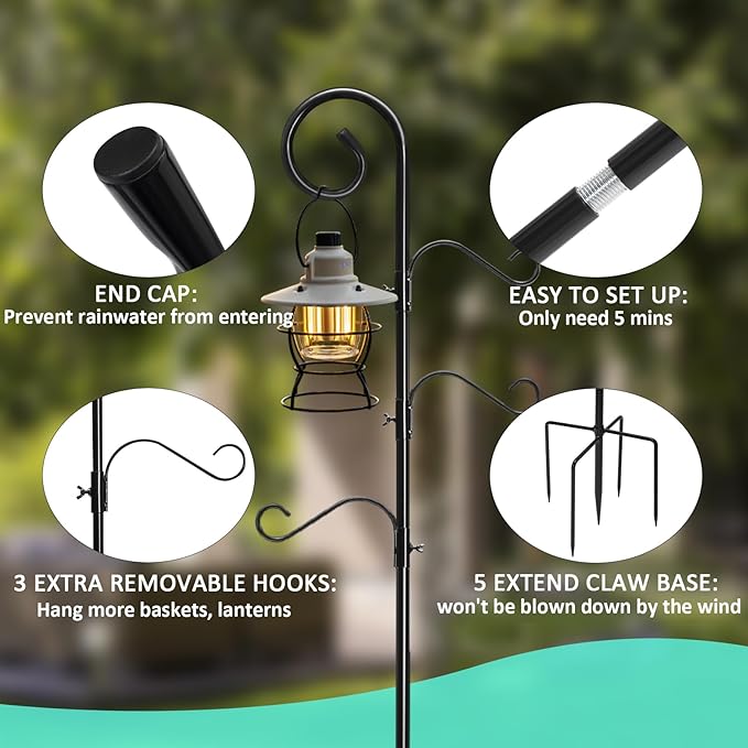 108 Inch Shepherds Hooks for Outdoor 2 Pack, Bird Feeder Poles with 4 Hooks, Shepherds Hook for Bird Feeders Outside with Base, Garden Pole for Hanging Plant Baskets, Weddings Decor (108 Inch)-VerdiqueGarden