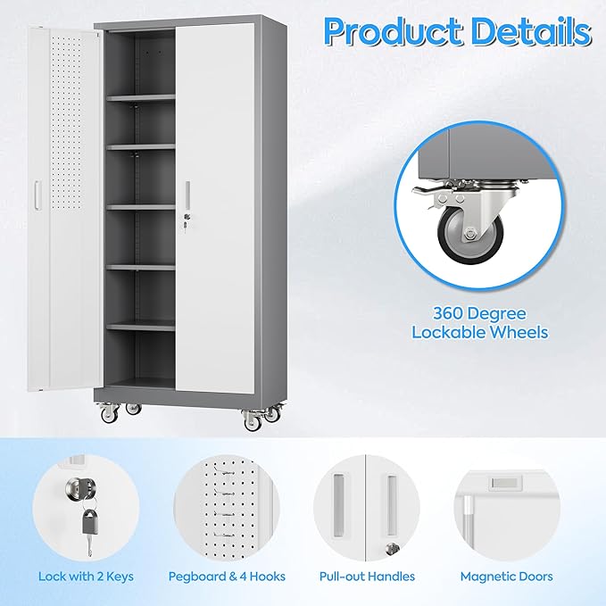 71" H×32" W×16" D Garage Storage Cabinet with Wheels & Pegboard, Locking Metal Storage Cabinet with Doors and 5 Adjustable Shelves & & 4 Hooks for Garage Warehouse Home Office, White and Gray-VerdiqueGarden