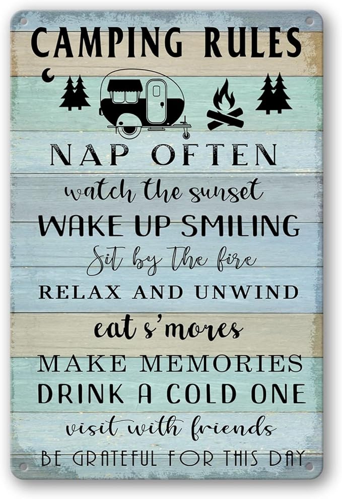 Camping Decor For Camper Camping Rules Sign Metal Tin Signs Lake Camper Door Decorations For Inside Funny Camping Themed Decor Rv Wall Art Decor Cabin Sign 12 X 8 Inch-VerdiqueGarden