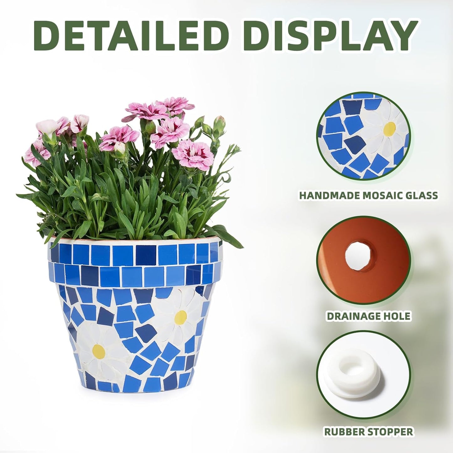 VOREEN Mosaic & Terracotta Plant Pots, 2 Pack Handmade Flower Pots with Drainage, Decorative Daisy Style Planters for Indoor Outdoor Plants, Home & Garden Decor, Gift for Mom Wife Friend-VerdiqueGarden
