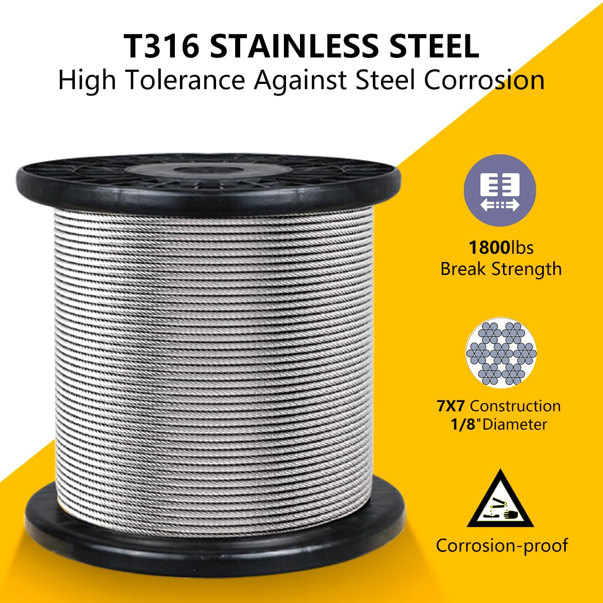 500FT 1/8" T316 Stainless Steel Cable with Cutter, 7x7 Strands Aircraft Wire Rope for Deck Railing, Stair Handrail, Porch Fence, High Strength for Indoor and Outdoor Use-VerdiqueGarden