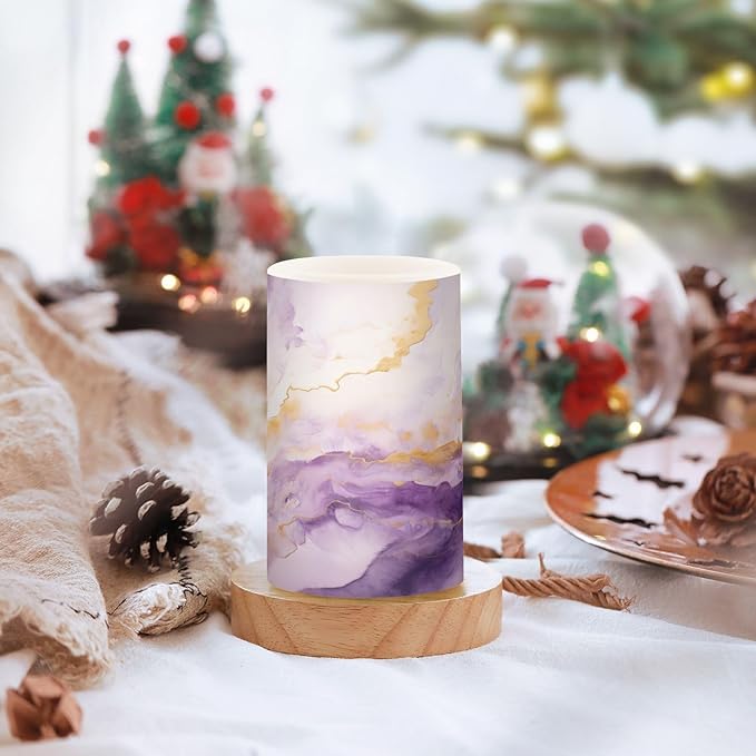 Flickering Flameless Candles, Purple Gold Marble LED Candles with Remote Timer, Set of 2 Battery Operated Candle for Valentine Wedding Birthday-VerdiqueGarden