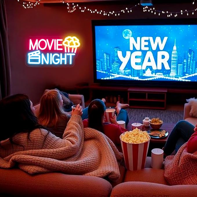 Movie Night Neon Sign With Popcorn Dimmable LED Neon Lights for Wall Decor USB Powered Light Up Signs for Bedroom Living Room Cinema Film Room Man Cave Home Bar Wedding Birthday Party-VerdiqueGarden