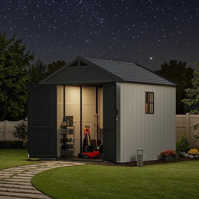 Patiowell 8 x 8 FT Resin Outdoor Storage Shed with Floor, Large Shed with Light and Lockable Door for Garden, Backyard, Tool Storage Use, Easy to Install in Beige (Kick-it Shed)-VerdiqueGarden