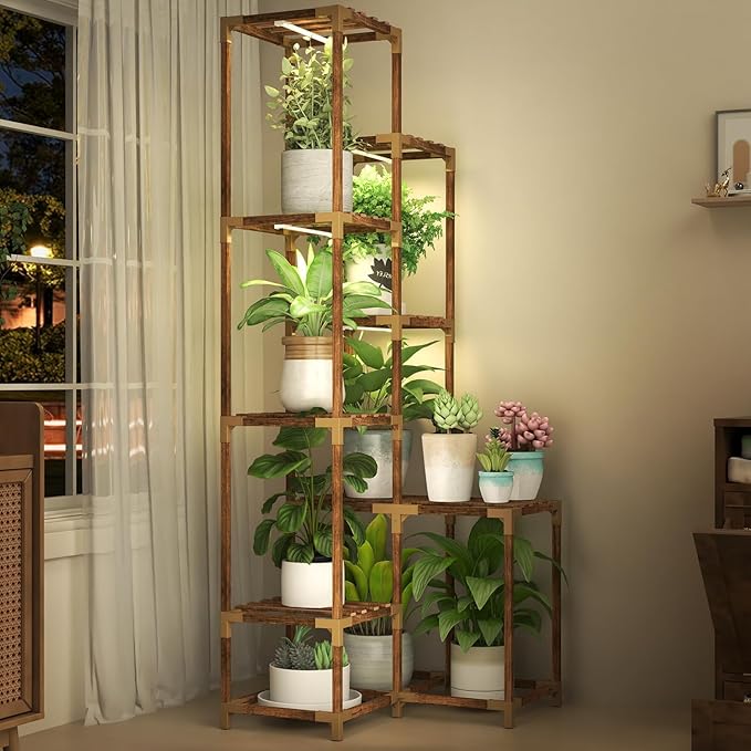 HOMKIRT Tall Corner Plant Stand with Grow Lights, Plant Shelf Indoor for Multiple Plants, Wood Plant Ladder Rack Holder Display Flower Stand for Living Room Balcony-VerdiqueGarden