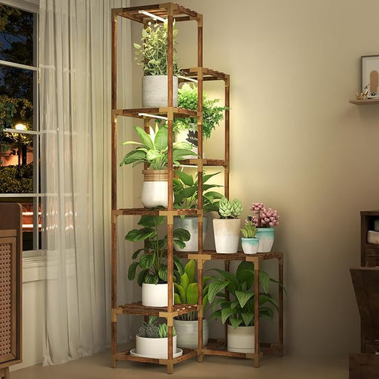 HOMKIRT Tall Corner Plant Stand with Grow Lights, Plant Shelf Indoor for Multiple Plants, Wood Plant Ladder Rack Holder Display Flower Stand for Living Room Balcony-VerdiqueGarden