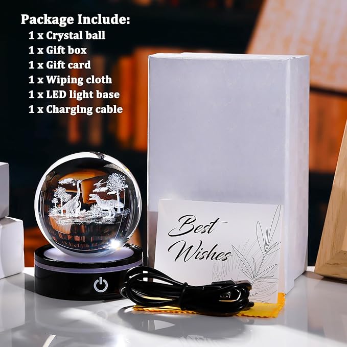 YWHL 3D Dinosaur Figurine Crystal Ball with Colorful Light Base, Dinosaur Gifts for Women Men on Christmas Birthday, 3D Laser Engraved Dinosaur Full Sphere Glass Decorative Ball for Home Office (80mm)-VerdiqueGarden