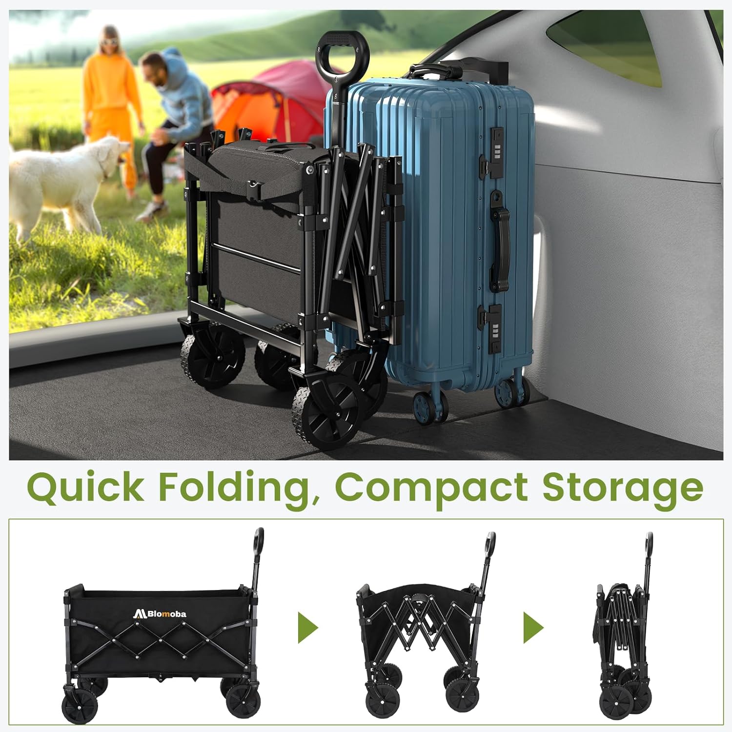 220LBS Foldable Wagon with All-Terrain Wheels, Portable Wagon Cart with Extended Tailgate, Adjustable Handle, Utility Cart for Camping, Shopping, Garden, Sports, Grocery, Black-VerdiqueGarden